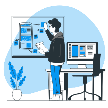 un Homme debout à côté de son bureau devant un tableau blanc définit les besoins du site